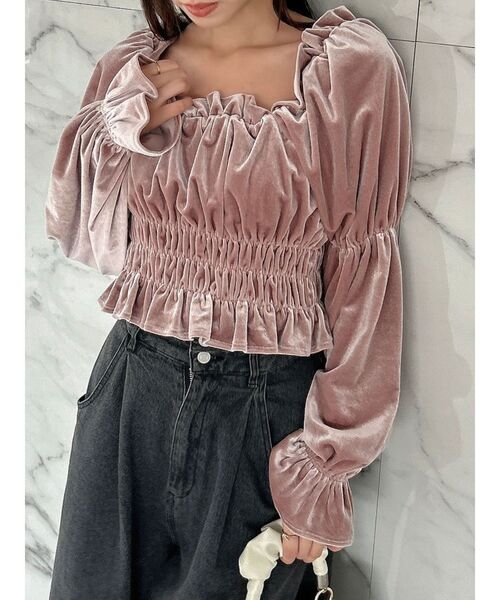 dazzlin（ダズリン）の「オフショルベロアトップス（Tシャツ/カットソー・レディース・ブラック/ネイビー/ピンク・FREE）」の7枚目の写真