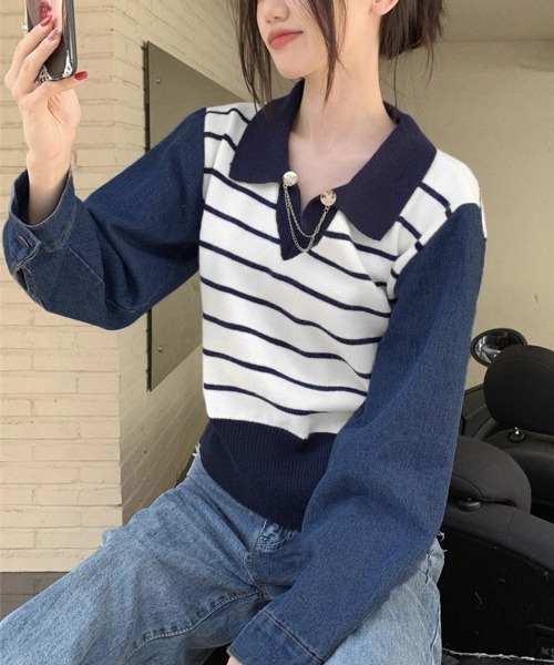 Miniministore（ミニミニストア）の「ポロカラーニットセーター ボーダー 秋冬（ニット/セーター・レディース・カーキ/グレー/ホワイト・フリー）」の2枚目の写真