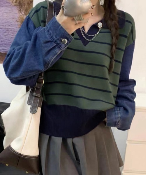 Miniministore（ミニミニストア）の「ポロカラーニットセーター ボーダー 秋冬（ニット/セーター・レディース・カーキ/グレー/ホワイト・フリー）」の3枚目の写真
