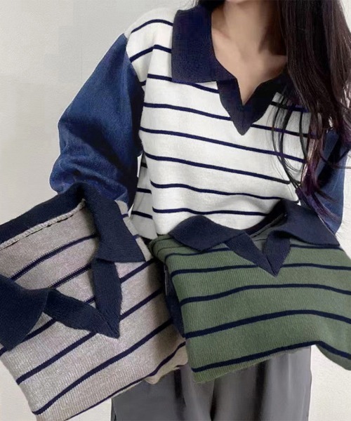 Miniministore（ミニミニストア）の「ポロカラーニットセーター ボーダー 秋冬（ニット/セーター・レディース・カーキ/グレー/ホワイト・フリー）」の16枚目の写真
