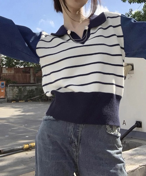 Miniministore（ミニミニストア）の「ポロカラーニットセーター ボーダー 秋冬（ニット/セーター・レディース・カーキ/グレー/ホワイト・フリー）」の21枚目の写真