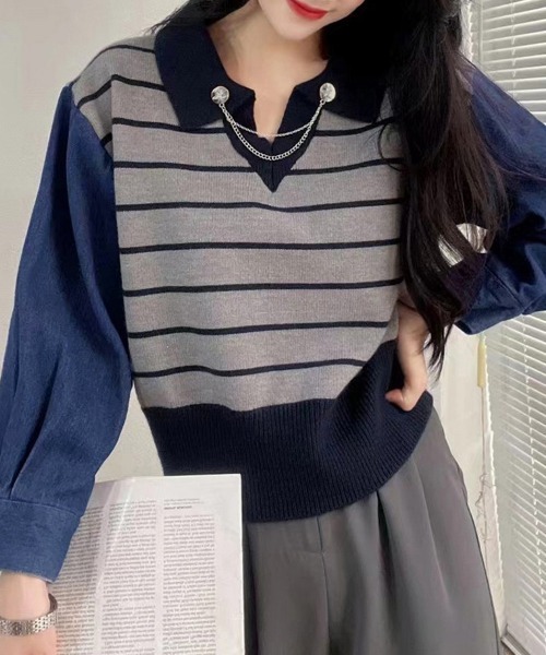 Miniministore（ミニミニストア）の「ポロカラーニットセーター ボーダー 秋冬（ニット/セーター・レディース・カーキ/グレー/ホワイト・フリー）」の4枚目の写真