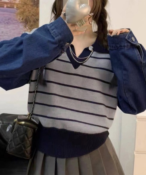 Miniministore（ミニミニストア）の「ポロカラーニットセーター ボーダー 秋冬（ニット/セーター・レディース・カーキ/グレー/ホワイト・フリー）」の5枚目の写真
