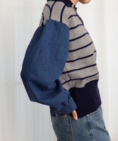 Miniministore（ミニミニストア）の「ポロカラーニットセーター ボーダー 秋冬（ニット/セーター・レディース・カーキ/グレー/ホワイト・フリー）」の8枚目の写真