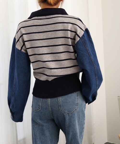 Miniministore（ミニミニストア）の「ポロカラーニットセーター ボーダー 秋冬（ニット/セーター・レディース・カーキ/グレー/ホワイト・フリー）」の9枚目の写真