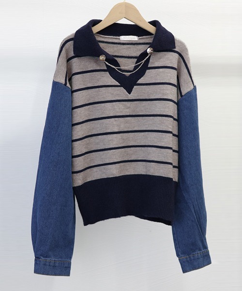 Miniministore（ミニミニストア）の「ポロカラーニットセーター ボーダー 秋冬（ニット/セーター・レディース・カーキ/グレー/ホワイト・フリー）」の10枚目の写真