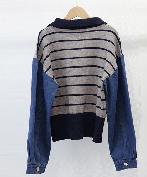 Miniministore（ミニミニストア）の「ポロカラーニットセーター ボーダー 秋冬（ニット/セーター・レディース・カーキ/グレー/ホワイト・フリー）」の11枚目の写真