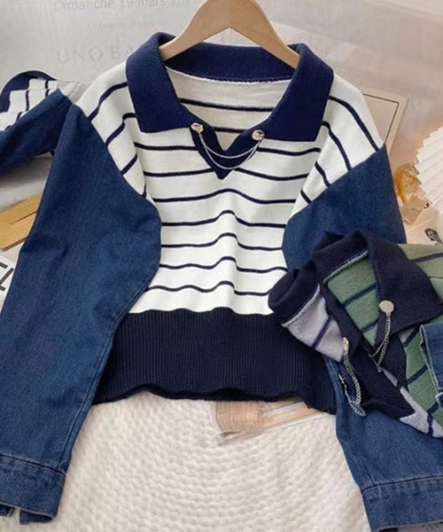 Miniministore（ミニミニストア）の「ポロカラーニットセーター ボーダー 秋冬（ニット/セーター・レディース・カーキ/グレー/ホワイト・フリー）」の14枚目の写真