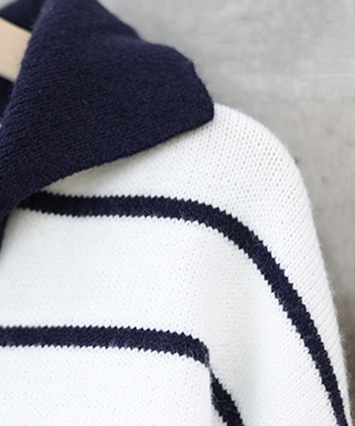 Miniministore（ミニミニストア）の「ポロカラーニットセーター ボーダー 秋冬（ニット/セーター・レディース・カーキ/グレー/ホワイト・フリー）」の15枚目の写真
