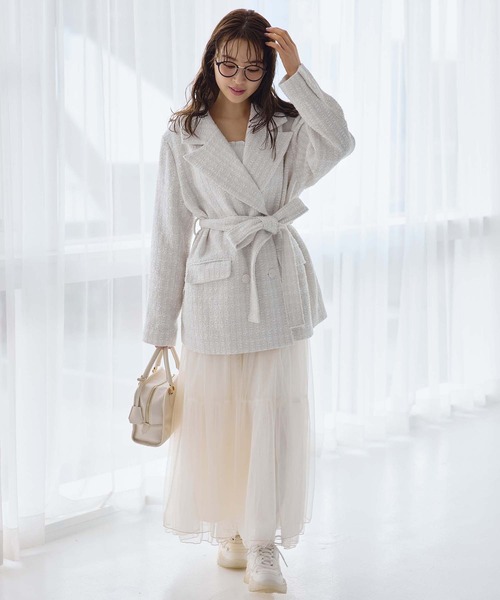 one after another NICE CLAUP（ワンアフターアナザーナイスクラップ）の「ベルト付きツイードテーラードジャケット（テーラードジャケット・レディース・ピンク/アイボリー/ブラック系その他・FREE）」の9枚目の写真