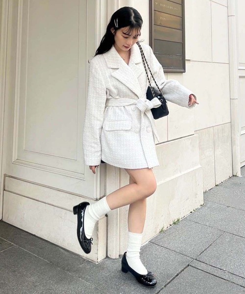 one after another NICE CLAUP（ワンアフターアナザーナイスクラップ）の「ベルト付きツイードテーラードジャケット（テーラードジャケット・レディース・ピンク/アイボリー/ブラック系その他・FREE）」の11枚目の写真