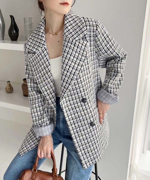 one after another NICE CLAUP（ワンアフターアナザーナイスクラップ）の「ベルト付きツイードテーラードジャケット（テーラードジャケット・レディース・ピンク/アイボリー/ブラック系その他・FREE）」の4枚目の写真