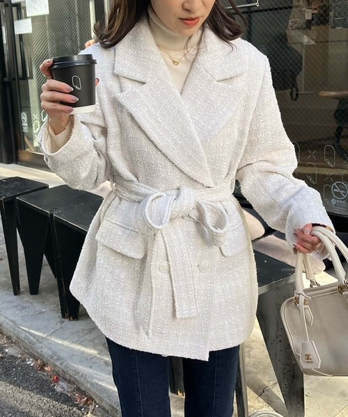 one after another NICE CLAUP（ワンアフターアナザーナイスクラップ）の「ベルト付きツイードテーラードジャケット（テーラードジャケット・レディース・ピンク/アイボリー/ブラック系その他・FREE）」の5枚目の写真