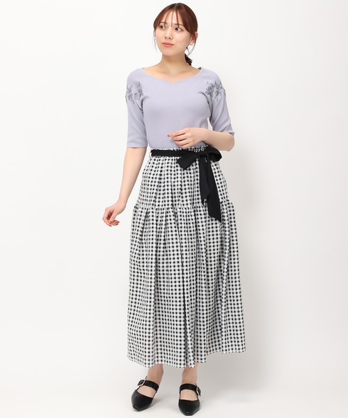 【新品】 MISCH MASCH 袖刺繍ハートネックニット　ベージュ セール】□2024春夏新作□袖刺繍ハートネックニット/MM418316