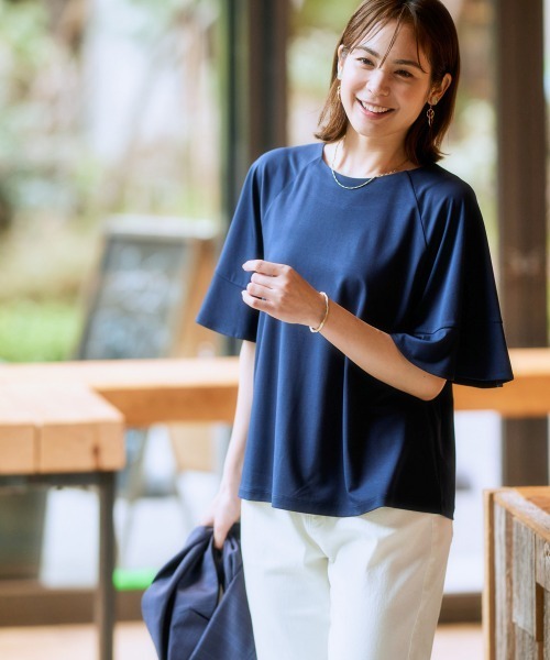 ひんやり接触冷感】シルケット加工フレア袖トップス（Tシャツ
