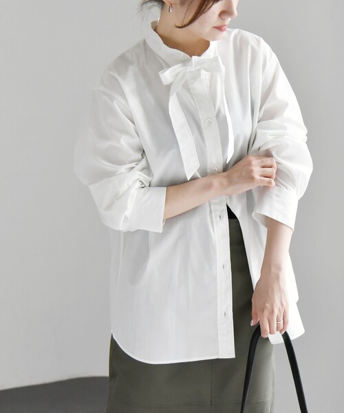 quaranciel(カランシエル)の「quaranciel:〈洗濯機可能〉REPREVE ボウタイ ブラウス シャツ(シャツ/ブラウス・レディース・ネイビー/ホワイト・36/38)」の4枚目の写真