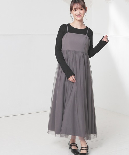 Honeys（ハニーズ）の「チュール使いキャミワンピ（ワンピース・レディース・チャコール/アイボリー/ブラック/ピンクベージュ・S/M/L/LL）」の3枚目の写真