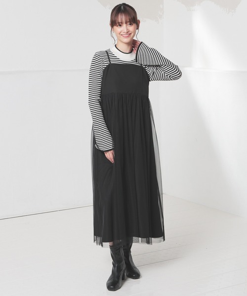 Honeys（ハニーズ）の「チュール使いキャミワンピ（ワンピース・レディース・チャコール/アイボリー/ブラック/ピンクベージュ・S/M/L/LL）」の14枚目の写真