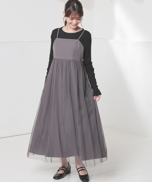 Honeys（ハニーズ）の「チュール使いキャミワンピ（ワンピース・レディース・チャコール/アイボリー/ブラック/ピンクベージュ・S/M/L/LL）」の16枚目の写真