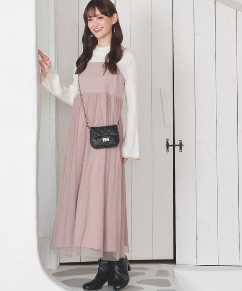 Honeys（ハニーズ）の「チュール使いキャミワンピ（ワンピース・レディース・チャコール/アイボリー/ブラック/ピンクベージュ・S/M/L/LL）」の18枚目の写真