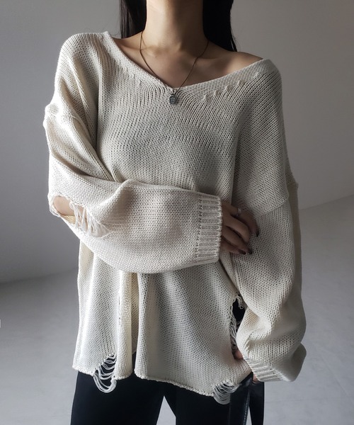 セール】※※【 3color 】ワンショルダメージビッグルーズニット