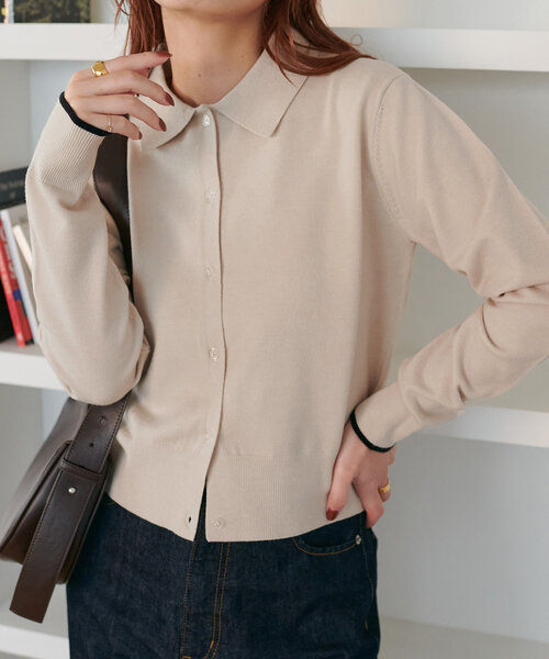 DISCOAT（ディスコート）の「【新色追加!!】モチモチ衿付きカーディガン《WEB限定カラーあり》（カーディガン/ボレロ・レディース・レッド/ピンク/ベージュ/ブラック/アイボリー/チャコールグレー/ホワイト/ライトグレー/ネイビー/グリーン系その他/モカ/ピンク系その他・FREE）」の2枚目の写真