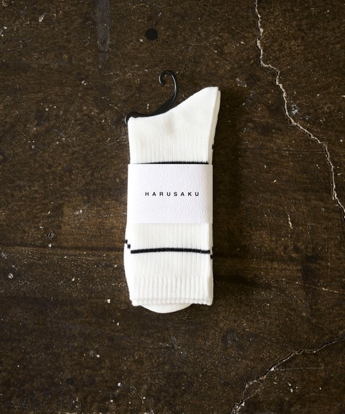 HARUSAKU CC(ハルサクシーシー)の「HARUSAKU CC : BORDER RIB SOCKS/ボーダー リブ ソックス(1P)(ソックス/靴下・メンズ・グリーン/ダークグレー/インディゴブルー/オフホワイト/ブラック・S/M)」の1枚目の写真