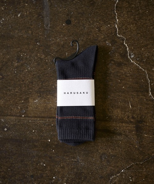 HARUSAKU CC(ハルサクシーシー)の「HARUSAKU CC : BORDER RIB SOCKS/ボーダー リブ ソックス(1P)(ソックス/靴下・メンズ・グリーン/ダークグレー/インディゴブルー/オフホワイト/ブラック・S/M)」の2枚目の写真