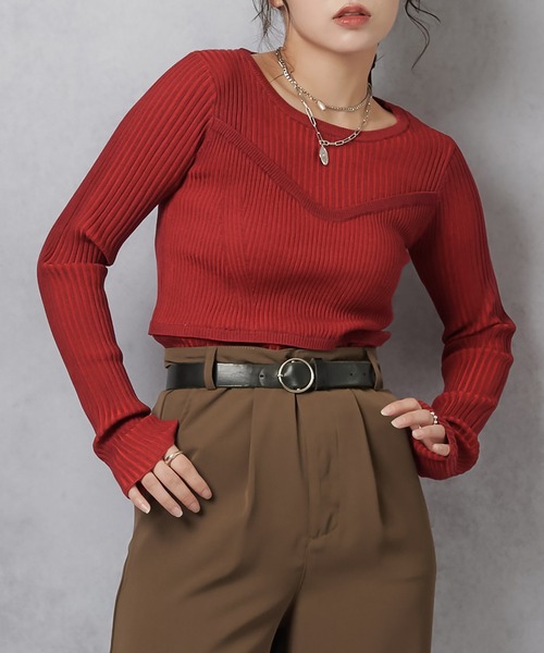 Lull(ルル)の「【Lull / ルル】コンビネーションリブニットトップス(ニット/セーター・レディース・杢グレー/アイボリー/ワイン/チャコール・ONESIZE)」の4枚目の写真