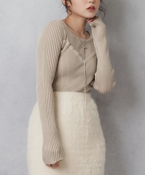 Lull(ルル)の「【Lull / ルル】コンビネーションリブニットトップス(ニット/セーター・レディース・杢グレー/アイボリー/ワイン/チャコール・ONESIZE)」の7枚目の写真