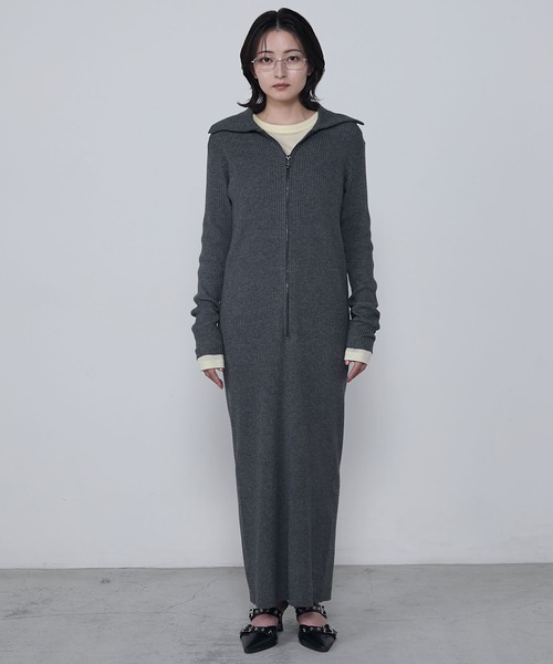 ● I AM MARI ● シェイバーカラゴッジニットロングワンピース セール】Long half-zip polo knit dress / ロングハーフジップ