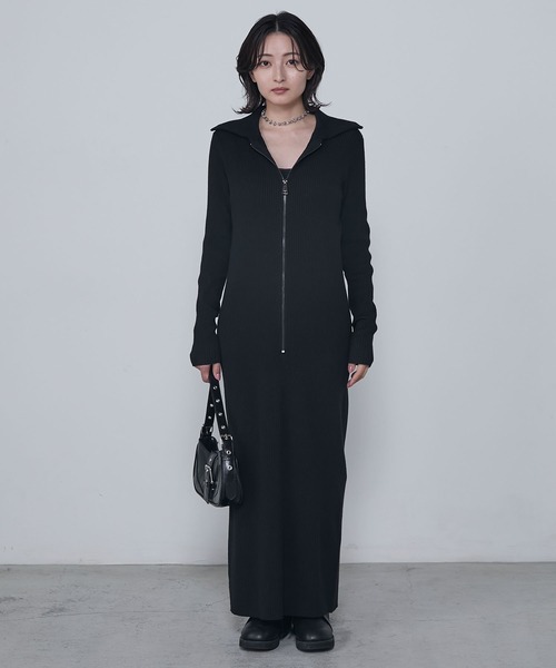 ● I AM MARI ● シェイバーカラゴッジニットロングワンピース セール】Long half-zip polo knit dress / ロングハーフジップ