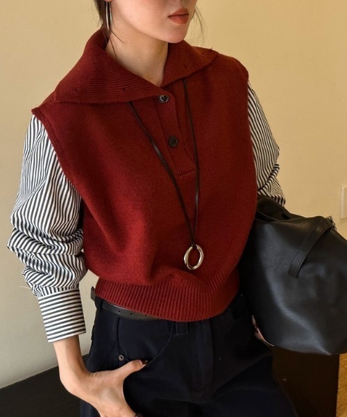 セール】袖ストライプ柄ドッキングニットトップス/レイヤード