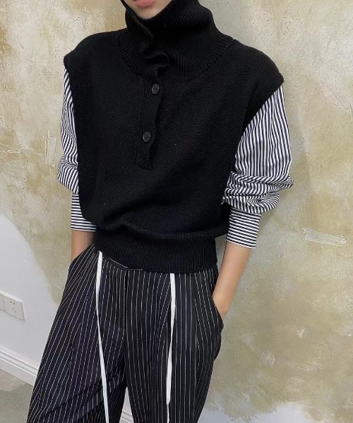 セール】袖ストライプ柄ドッキングニットトップス/レイヤード