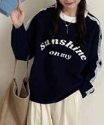 袖レースラインロゴジャガードニット