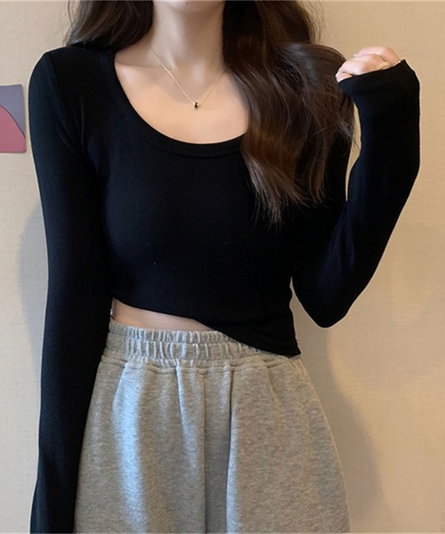 ASTRAET クロップド丈カットソー セール】無地長袖クロップド丈カットソー（Tシャツ/カットソー