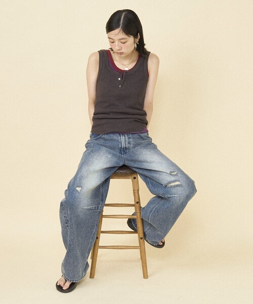 FREAK'S STORE（フリークスストア）の「ワッフル2WAYタンクトップ/ヘンリーネックタンクトップ（タンクトップ・レディース・オフホワイト/グレー/ターコイズブルー/サックスブルー/チャコールグレー/ブラウン・ﾌﾘ-）」の15枚目の写真