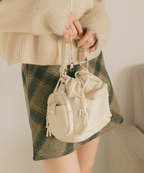 アウトポケット巾着ショルダーバッグ/ミニポーチ付き（ショルダー