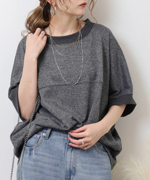 atONE(アットワン)の「ラメ混裏毛デザインハーフスリーブプルオーバートップス(Tシャツ/カットソー・レディース・杢グレー/チャコール/オートミール・L/M)」の3枚目の写真