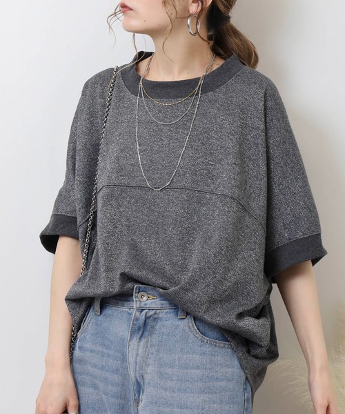 atONE(アットワン)の「ラメ混裏毛デザインハーフスリーブプルオーバートップス(Tシャツ/カットソー・レディース・杢グレー/チャコール/オートミール・L/M)」の4枚目の写真