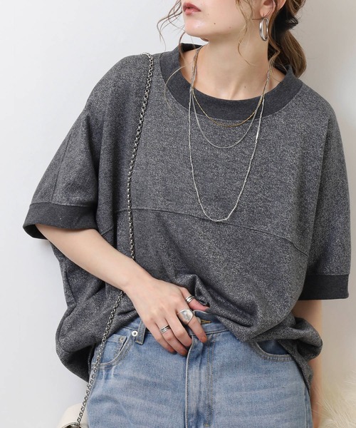 atONE(アットワン)の「ラメ混裏毛デザインハーフスリーブプルオーバートップス(Tシャツ/カットソー・レディース・杢グレー/チャコール/オートミール・L/M)」の5枚目の写真