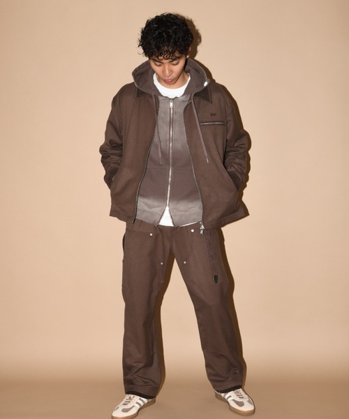 SUPERTHANKS（スーパーサンクス）の「レイヤードヘムダブルニーパンツ（無地・ヒッコリー）セットアップ可能/Layered hem Double knee Pants（その他パンツ・メンズ・ブルー/ブラック/ブラウン・S/M/L）」の2枚目の写真