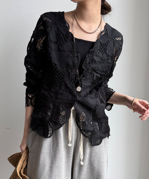 DouDouレース袖 ブラック Tシャツ DouDou シャツ ブラウス 長袖刺繍レーストップス レディース