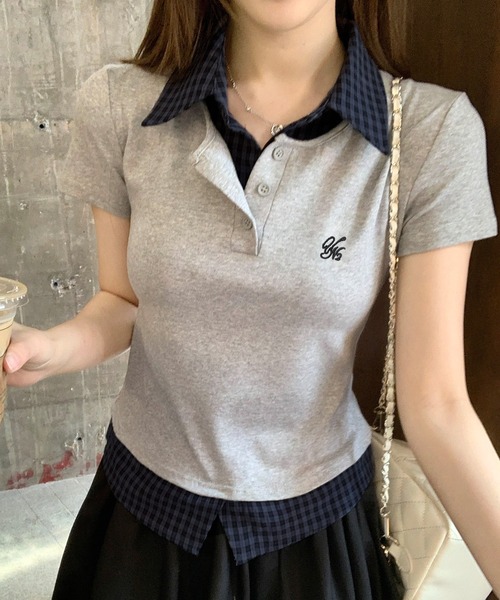 SpRay(スプレイ)の「フェイクレイヤードチェックトップス(ポロシャツ・レディース・ホワイト/ライトグレー/ブラック/ネイビー・FREE)」の4枚目の写真