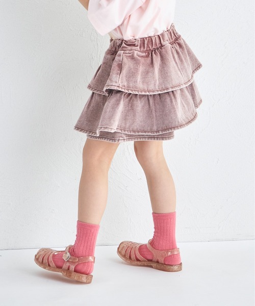 pairmanon（ペアマノン）の「ケミカル カラー ティアード デニムスカッツ（デニムパンツ・キッズ・ブラウン/ピンク/カーキ・100/140/130/110/120/90/150）」の4枚目の写真