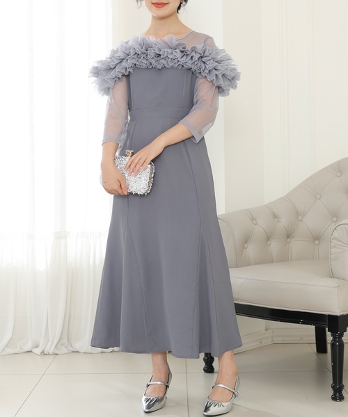 セール】チュールフリル シアー 切り替え フレア ロング ドレス