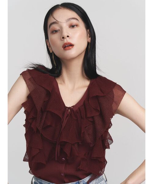 LAGUNAMOON（ラグナムーン）の「メッシュフリルノースリニットプルオーバー（ニット/セーター・レディース・ブラック/アイボリー/ボルドー・FREE）」の3枚目の写真