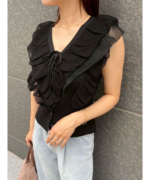 LAGUNAMOON（ラグナムーン）の「メッシュフリルノースリニットプルオーバー（ニット/セーター・レディース・ブラック/アイボリー/ボルドー・FREE）」の4枚目の写真