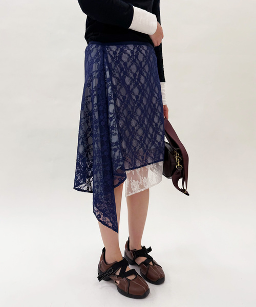 EDIT. FOR LULU（エディットフォールル）の「【Anggae/アンゲ】LAYERED LACE SKIRT（スカート・レディース・ネイビー/ブラック・SMALL）」の2枚目の写真