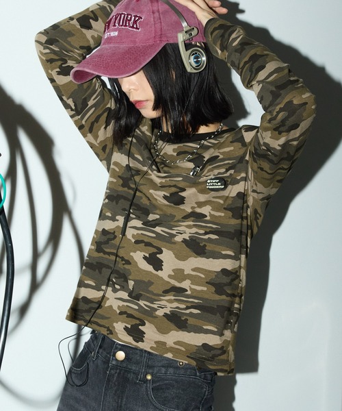 セール】カモフラージュ襟配色プルオーバーロンT（Tシャツ/カットソー
